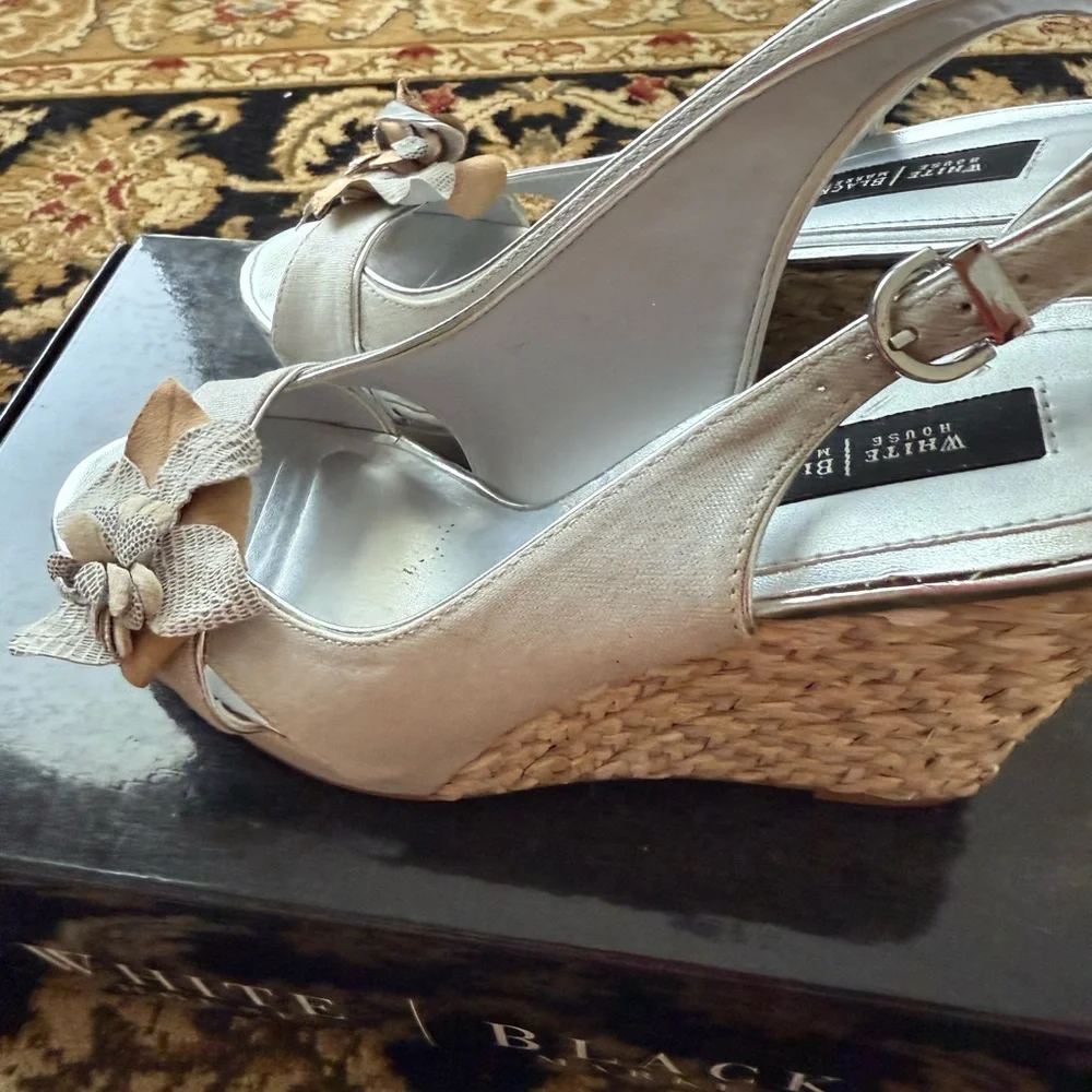 White House Black Market Silver and Tan Wedges
